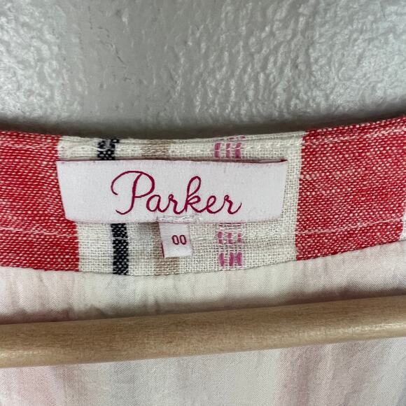 Parker Red White Blue Kacey Mini Dress Size 00 Linen Rayon Pockets Lined Buttons - Picture 8 of 10